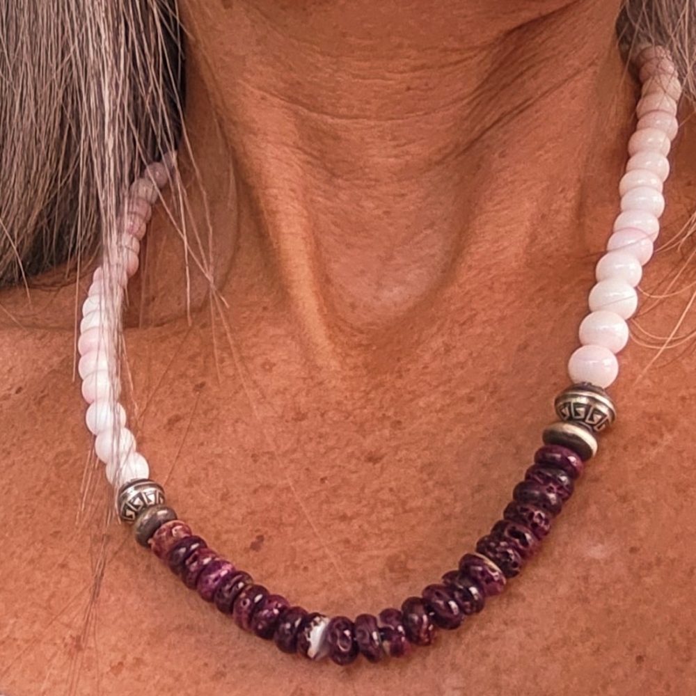 Natural Pink Conch And Purple Spiny Adorned With Sterling Silver Pearls